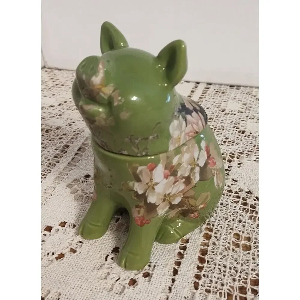 Small Green Ceramic Pig Shaped Jar w/Lid Floral Transfers Added Gently Hand Wipe